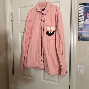 Pink Button-Up Shirt denim jacket with Smiley Face Pocket